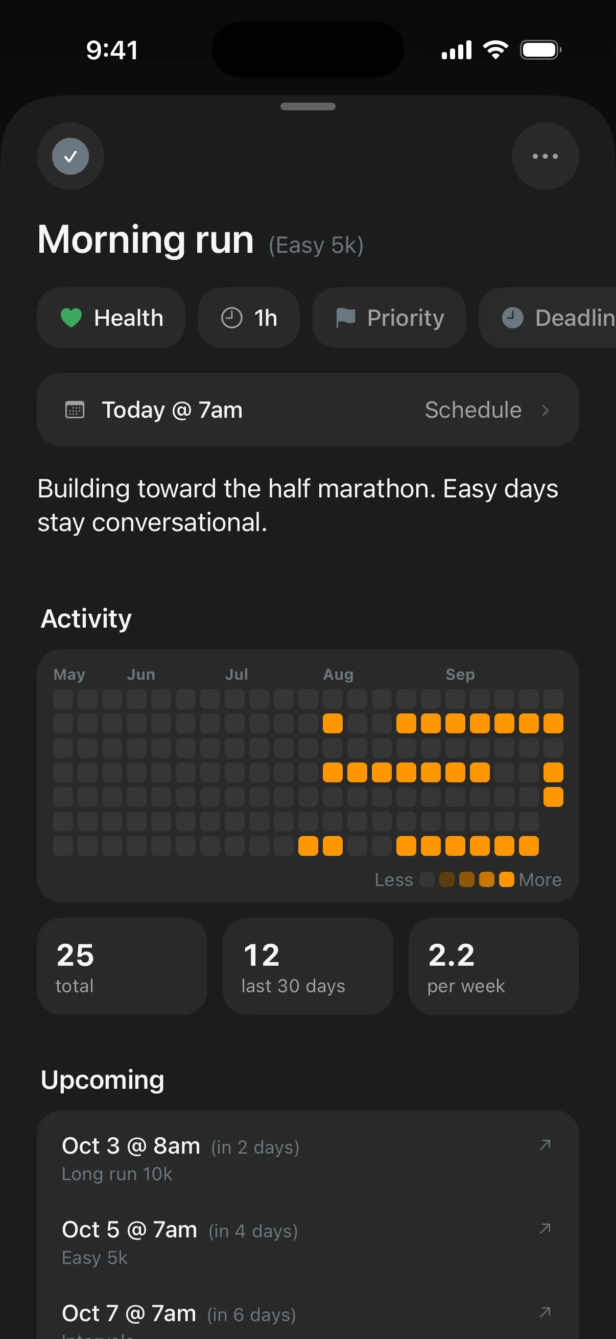 Morning run’s details: its schedule and a note, an activity grid of every run since May, and totals: 25 runs, 12 in the last 30 days, 2.2 a week.